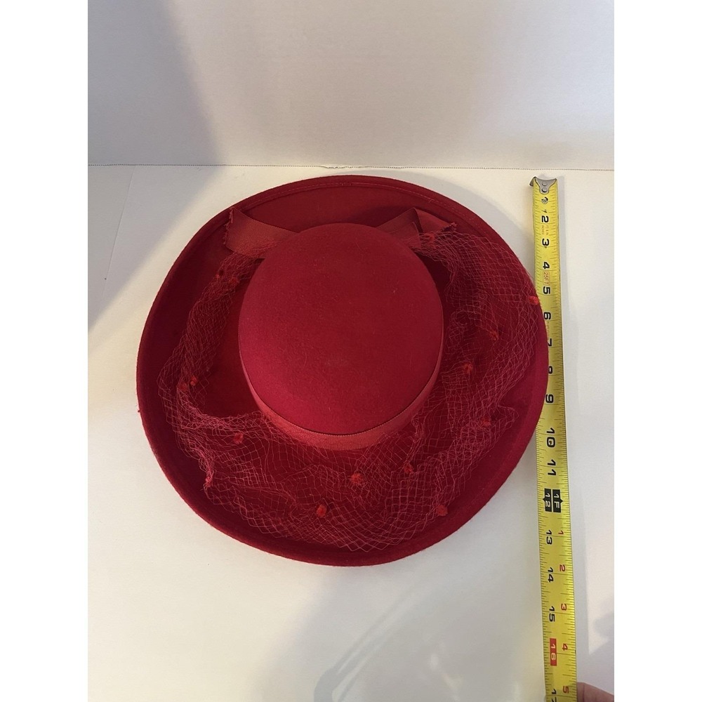 Vintage Michael Howard Red Wool Hat Net Veil Bow Miss Bierner 100% Wool - Picture 9 of 9